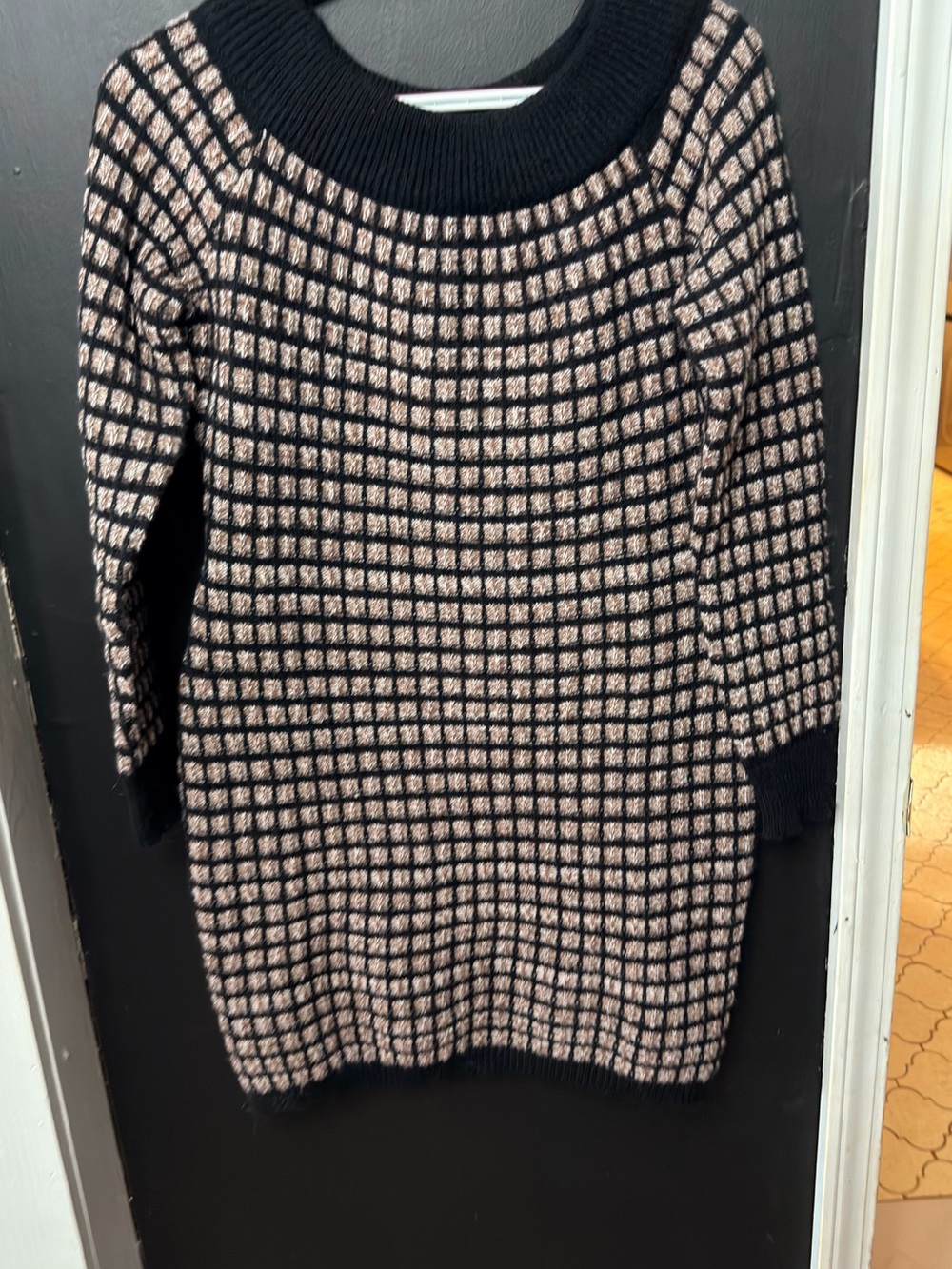 Black and Cream Grid Knit Women’s Sweater Dress